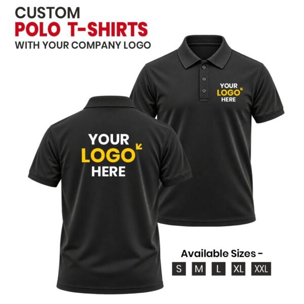 Black Custom Polo T-Shirt With Your Company Logo | Customized Logo Printed Polo T-Shirt | Tezkart.com