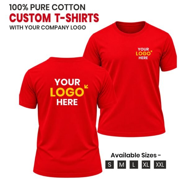 Red Custom 100% Cotton T-Shirt with Your Company Logo | Customized Logo Printed Round Neck T-Shirt | Tezkart.com